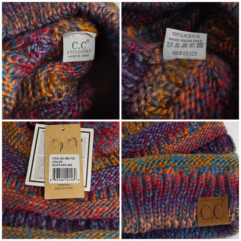 'C.C BEANIE' MESSY BUN BEANIE TAIL' VARIEGATED STRIPE - Picture 10 of 16